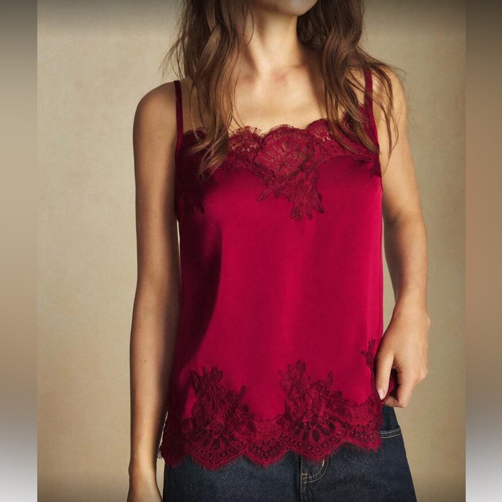 Elegant Red Lace Trim Cami Top